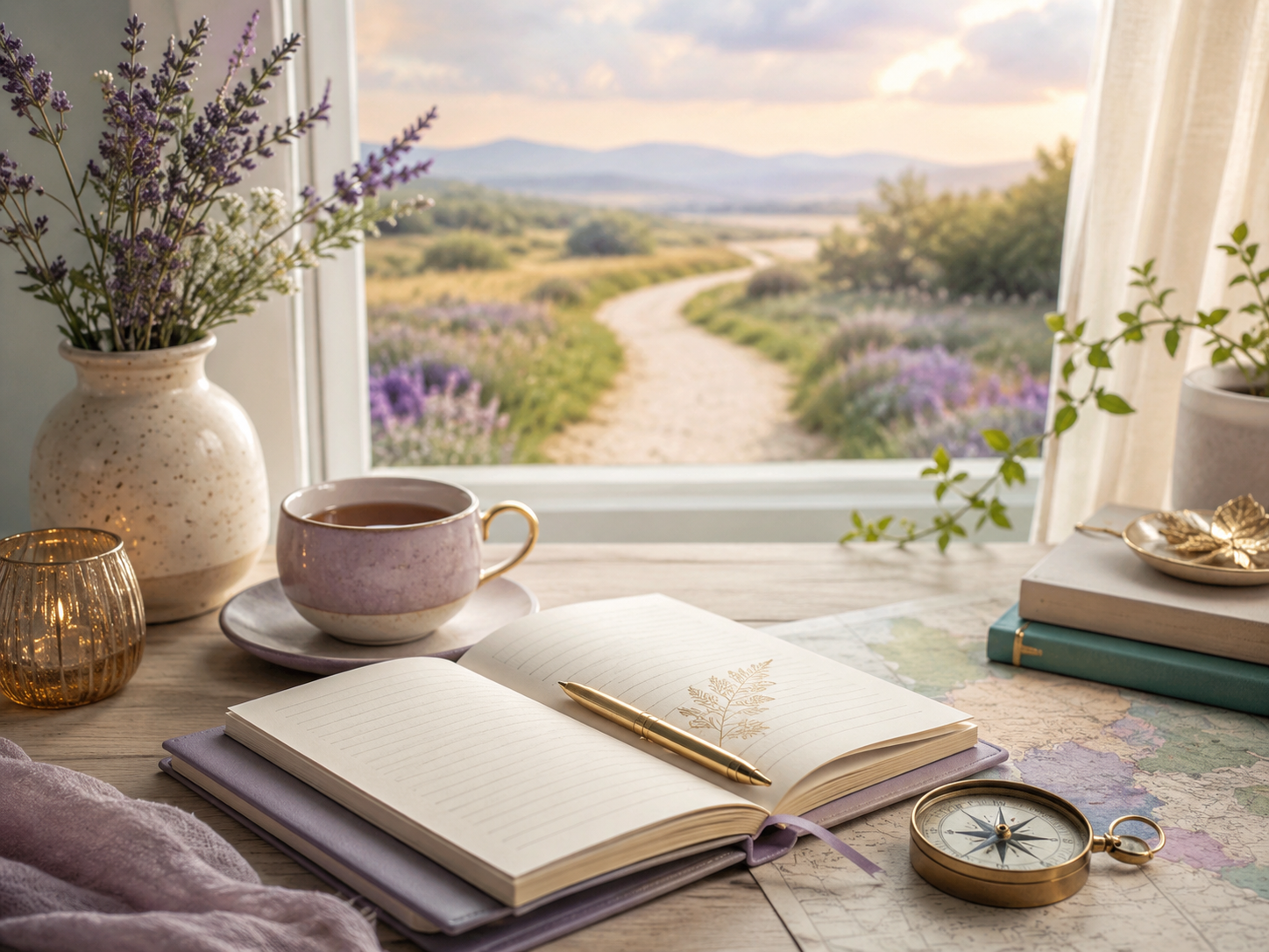 Table by a window with an open journal book
