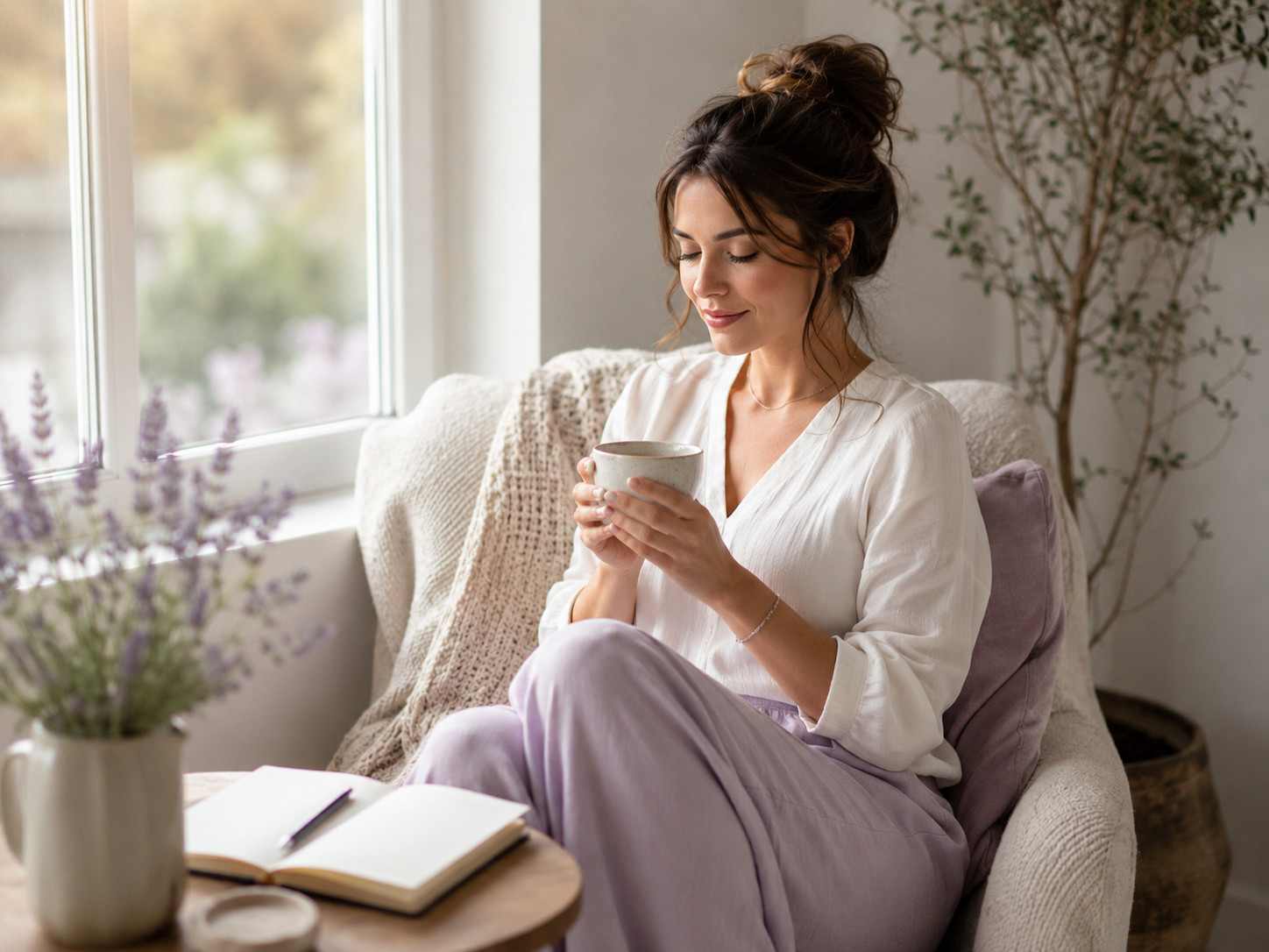 a woman in a chair by the window holding a cup