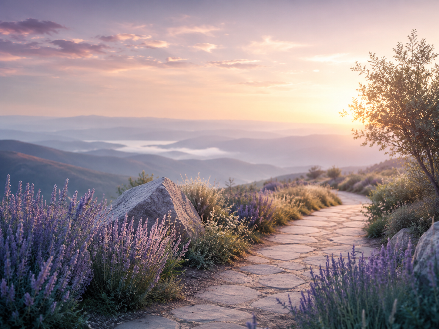 Stony path out in the mountains, facing a beautiful sunrise, surrounded by lavender flowers