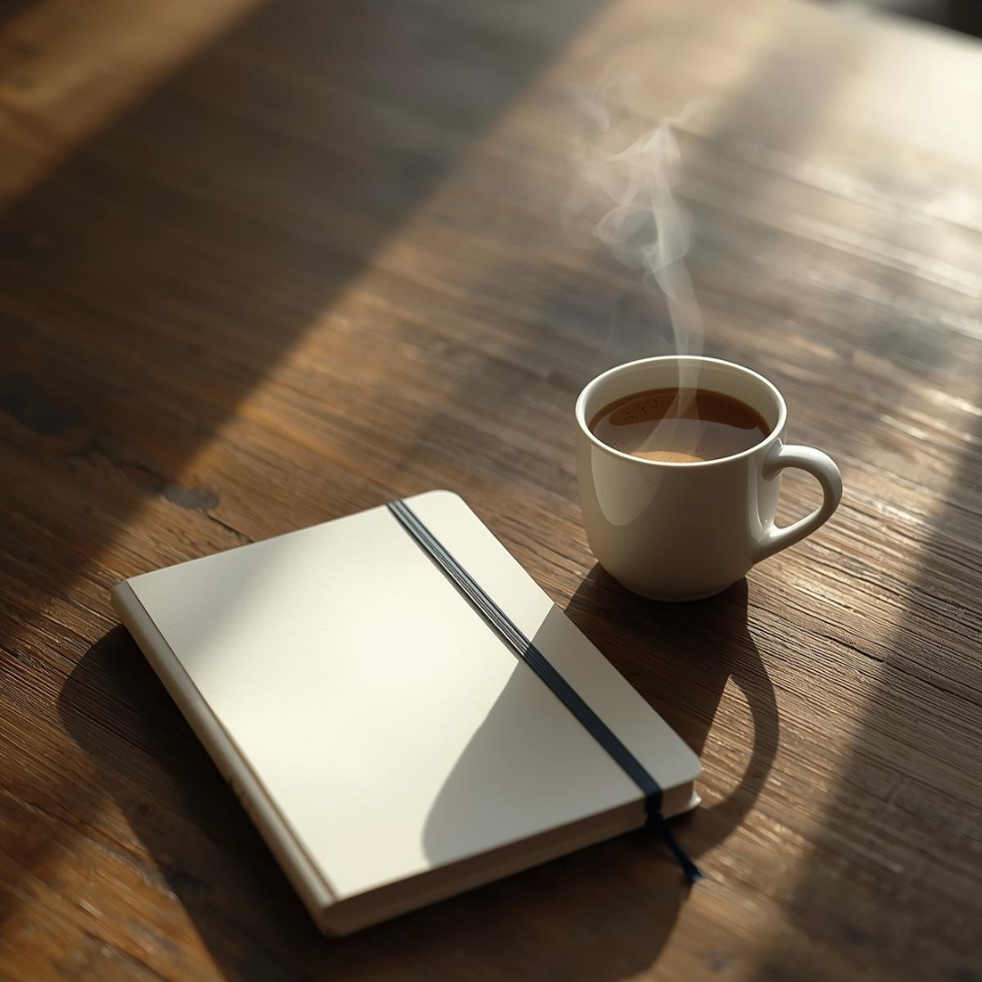 a picture of a journal on a table next a hot cup of coffee.