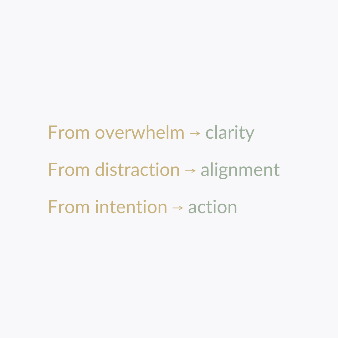 an text graphic reading from overwhelm to clarity, from distraction to alignment, from intention to action.